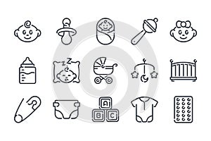 Newborn and Childhood related line icon set.