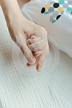 Newborn children`s hand in mother hand. Mom and her Child. Happy Family concept