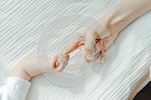 Newborn children`s hand in mother hand. Mom and her Child. Happy Family concept