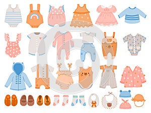 Newborn clothes. Baby apparel for boys and girls, dresses, jumpsuit, body suits, rompers, t-shirts and pants. Cartoon