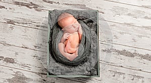 Newborn on a dark pillow, topview