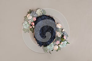 Newborn  digital background - basket with blue faux fur and floral arrangements on light grey background