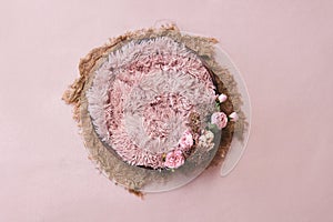 Newborn digital background - wooden bowl with pink faux fur on jute layer and pink backdrop
