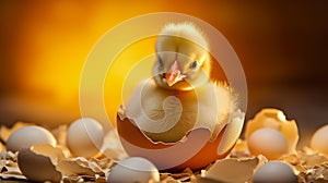 Newborn chicken with broken egg shell. Eggshell and newborn chicken