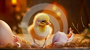 Newborn chicken with broken egg shell. Eggshell and newborn chicken
