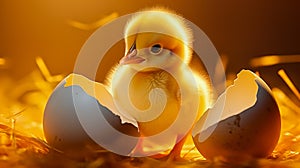 Newborn duckling with broken egg shell. Eggshell and newborn duckling