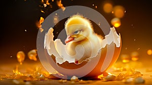 Newborn duckling with broken egg shell. Eggshell and newborn duckling