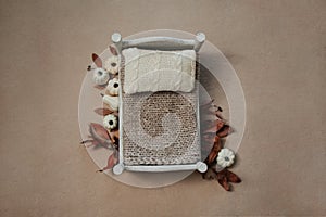 Newborn fall photography backdrop - white wooden bed on neutral beigi background with white and cream pumpkins and autumn foliage