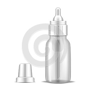 Newborn feeding clear bottle with nipple pacifier and open cap, realistic vector mockup. Small transparent empty baby feeder