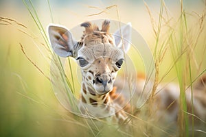 newborn giraffe calf lying in tall grass