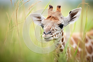 newborn giraffe calf lying in tall grass