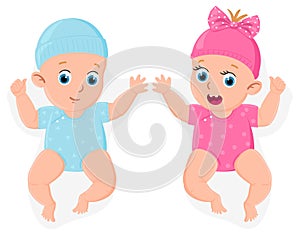 Newborn girl and boy. Cute little male and female babies, blue or pink baby shower symbols isolated vector illustration