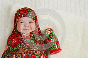 Newborn girl Matryoshka Doll smilling, Russian Nesting Dolls Photo Props, Matryoshka Photo Backdrops