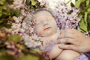 Newborn girl sleeping in the colors of lilac