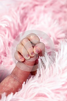 Newborn hand holding finger