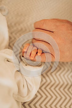 The newborn is holding his father`s finger. Cropped. Link between generations. Mother`s day, father`s day