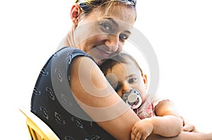 Newborn hug mom sleep woman smile mother cuddle innocent baby girl pacifier