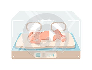 Newborn infant lies inside neonatal intensive care unit isolated on white background. Premature child sleeping in glass