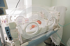 Newborn innocent baby sleeping in an incubator