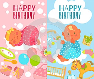 Newborn kids accessories banners. Baby shower posters. Little girl and boy. Childish care and feeding supplies. Happy
