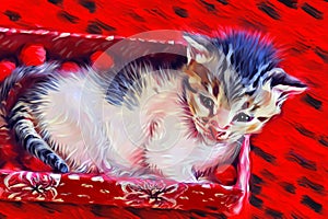 A newborn kitten in a gift box having red carpet.