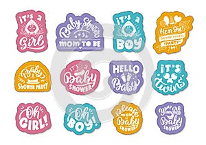 Newborn logos, stickers. Set of modern handmade badges, emblems, labels, elements, symbols, phrases, slogans for and Baby Shower