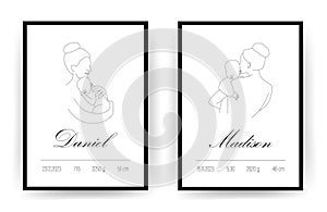 Newborn metric. Baby Shower poster with name, date of birth, weight and height. Mother and child in linear style. One