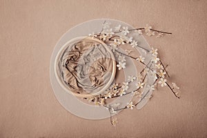 Newborn neutral spring background - round white bowl with white flowers and branches wreath on light beige backdrop