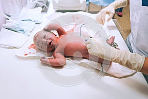 Newborn in nursery after childbirth.