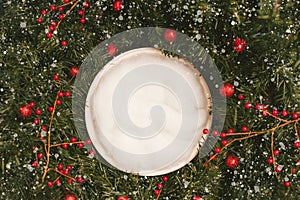 Newborn photography background - white bowl on pine tree background, with snow, pinecones and ornaments. Christmas newborn