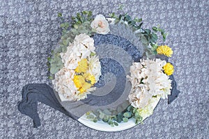 Newborn Photography Digital Background with grey lace and yellow flowers.