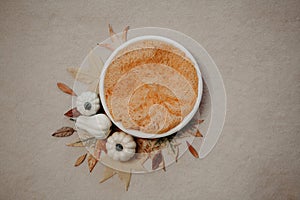 Newborn photography fall backgrund - white bowl with white and cream pumpkins, dry brown leaves on beige backdrop