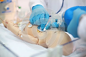 Newborn resuscitation. Endotracheal intubation. Practicing medical skills on a medical dummy. Medical education. Modern technologi