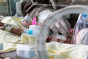 Newborn sick baby in an incubator