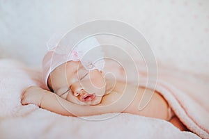 Newborn sleeping baby , close-up, lifestyle, the concept of purity and innocence.