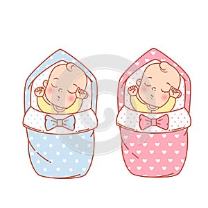 Newborn sleeping baby girl and boy in swaddle, blanket