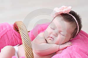 Newborn sleeping in basket, baby girl lying in pink blanket, cute child