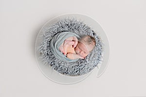 Newborn sleeping curled in his wrap, topview photo