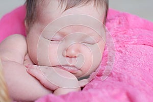 Newborn sleeping. Infant baby girl closeup lying on pink blanket in basket. Cute portrait of child.