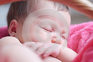 Newborn sleeping. Infant baby girl closeup lying on pink blanket in basket. Cute portrait of child.