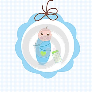 Newborn swaddle baby boy with bottle greeting card