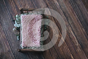 Newborn thanksgiving  digital background - dark wooden bed with sage green knitted blanket  and pink faux fur with sage plant