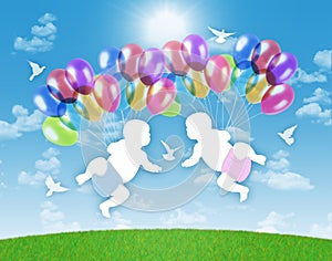 Newborn twins flying on colorful balloons in the sky