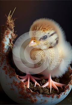Newborn yellow chick in eggshell. AI generated.