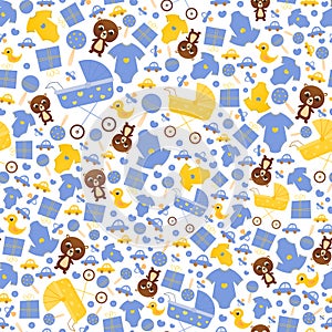 Newborrn related concept for baby shower seamless pattern for print or textile, cartoon style elements teddy, duck