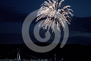 Newburgh/Beacon bridge at night with fireworks at hudson river NY