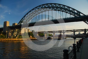 Newcastle bridges and river Tyne, UK, by sunset