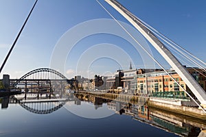 Newcastle Gateshead Quayside with Millenium and Tyne Bridges in