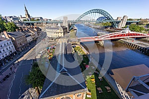 Newcastle upon Tyne England 30th May 2021: Wide angle view of the Quayside and River Tyne from High Level Bridge