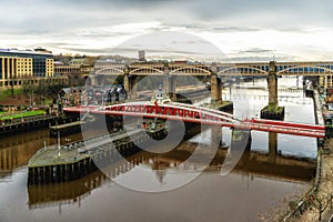 Newcastle-upon-Tyne, England, UK. Swing Bridge in Middle Ground, High Level Bridge in Background, linking Gateshead to Newcastle